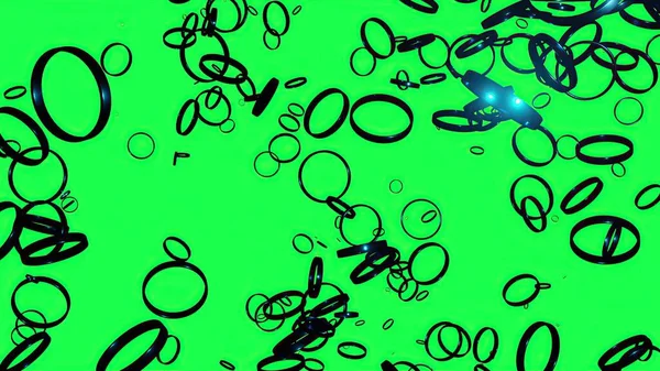 3Dイラスト 緑の背景に金属リングが飛んでいます シンプルな現代の動作要素 — ストック写真