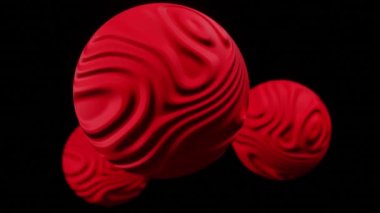 Computer generated three red  spheres with curly shape. 3d render of abstract background with wave texture