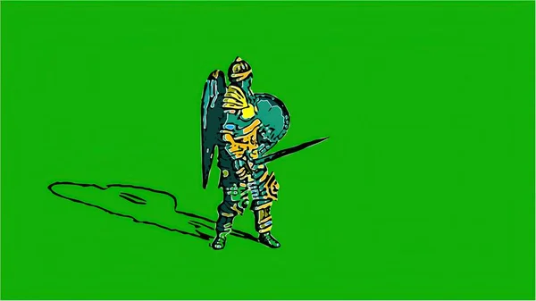 Ілюстрація Середньовічний Лицар Бореться Мечами Щитом Ізольовано Зеленому Екрані — стокове фото