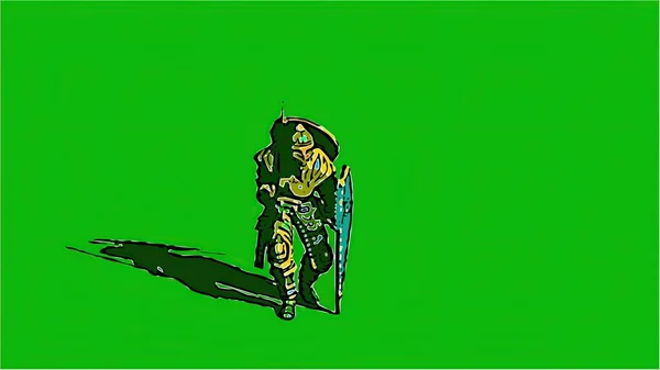 Иллюстрация Средневековый Рыцарь Сражается Мечами Щитом Изолированными Зеленом Экране — стоковое фото