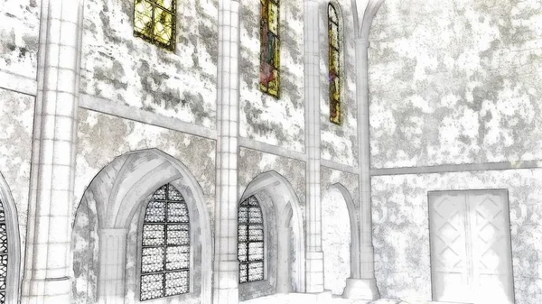 Illustrazione Interno Dell Architettura Della Chiesa Stile Comico Mezzitoni Texture — Foto Stock