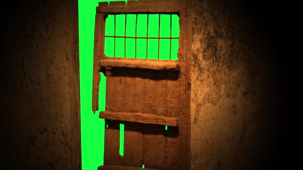 Animation Old Wooden Door Opening Green Screen — Stock Video