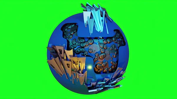 3Dイラスト 緑の画面上の銀金属パイプ クロマキーと球図 — ストック写真