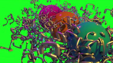 3D illüstrasyon - Yeşil ekranda gümüş metalik boruları olan küre figürü, kroma anahtarı