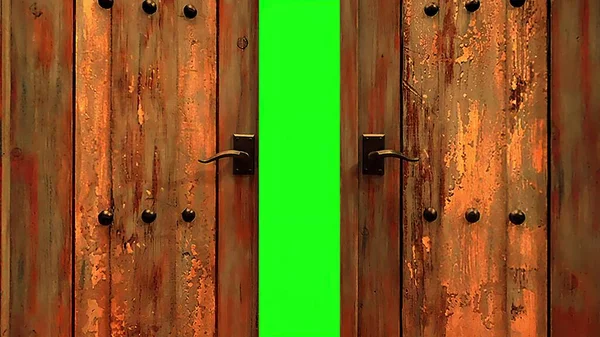 3Dイラスト 緑の画面 クロマキーへの古い木製のドアの開口部 — ストック写真