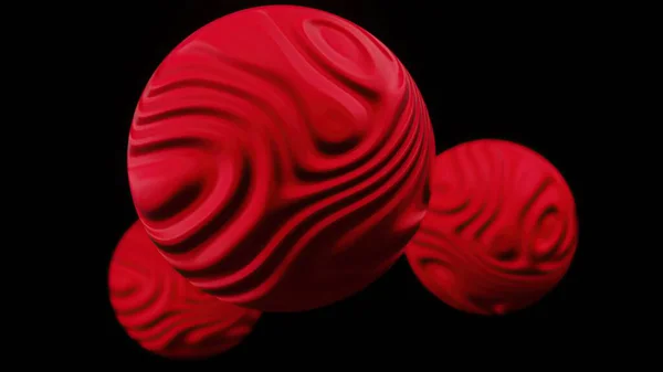 3D图例 计算机生成了三个卷曲形状的红色球体 抽象背景的3D渲染 — 图库照片