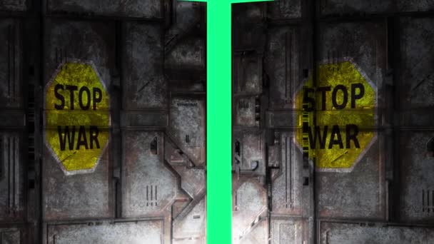 アニメーション 看板ストップ戦争と緑の画面への金属ドアの開口部 — ストック動画