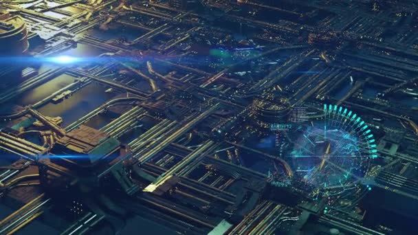 城市3D动画的未来与光学耀斑和Hud元素 — 图库视频影像