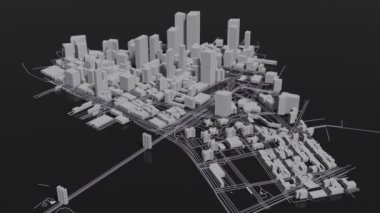 3D animation of futuristic city architecture with skyscrapers