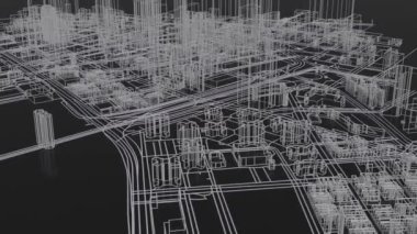 3D animation of wireframe futuristic city architecture with skyscrapers