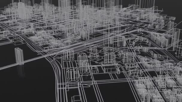 Wireframe Futurisztikus Városi Építészet Animációja Felhőkarcolókkal — Stock videók