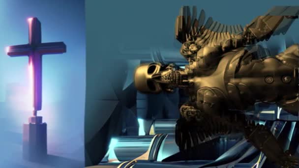 Animacja Cyborga Anioła Śmierci Trzepoczącego Skrzydłami — Wideo stockowe