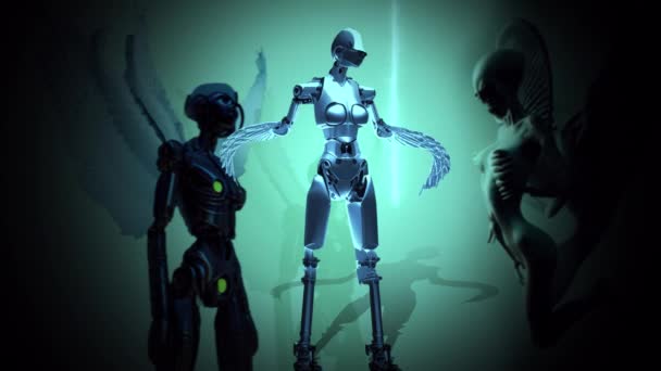 Animacja Cyborga Anioła Śmierci Trzepoczącego Skrzydłami — Wideo stockowe
