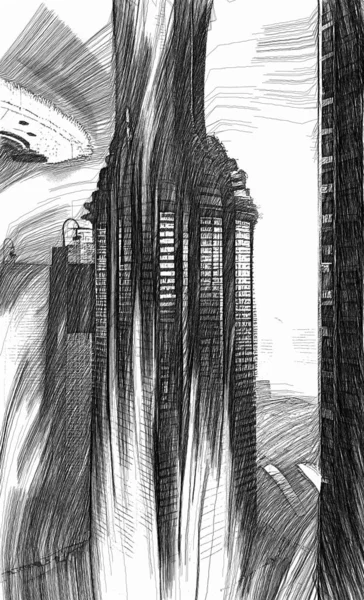 3d illustration - drawings sketch of futuristic city skyscrapers