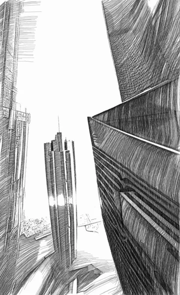 3d illustration - drawings sketch of futuristic city skyscrapers