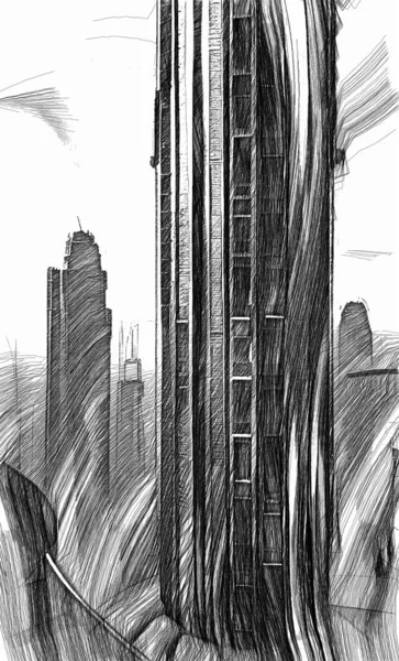 3d illustration - drawings sketch of futuristic city skyscrapers