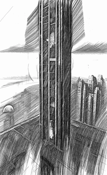 3d illustration - drawings sketch of futuristic city skyscrapers