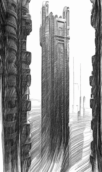 3d illustration - drawings sketch of futuristic city skyscrapers