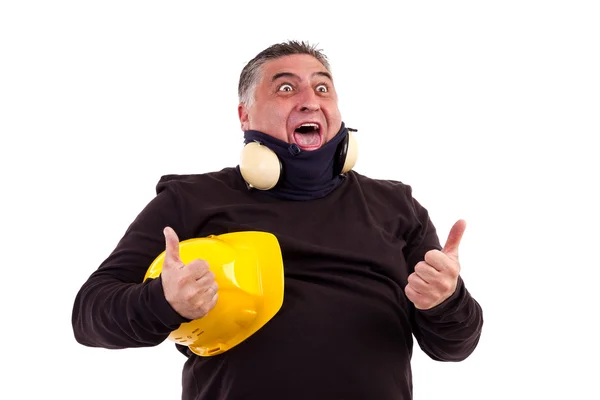 Excited worker with thumbs up for victory screaming of joy — Stock Photo, Image