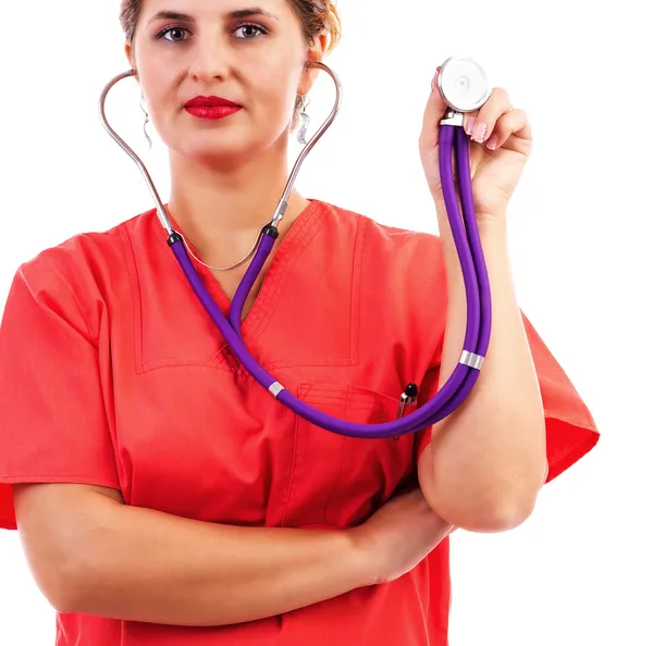 Närbild porträtt av en läkare sjuksköterska med stetoskop — Stockfoto