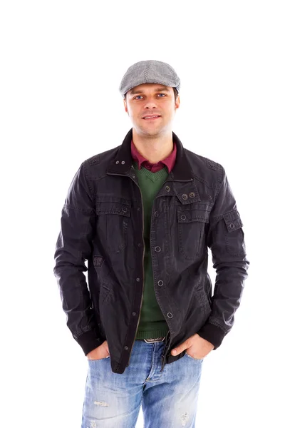 Portrait of happy handsome young man with hands in pockets, — Stock Photo, Image
