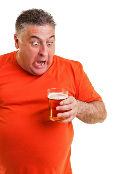 Portrait of an expressive fat man drinking beer — Stock Photo, Image