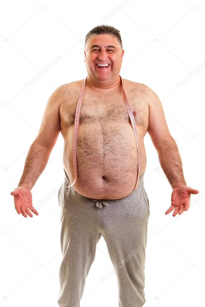 Happy fat man with a tape measure around his neck