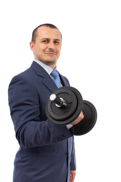 Strong business man with dumbbell — Stock Photo, Image