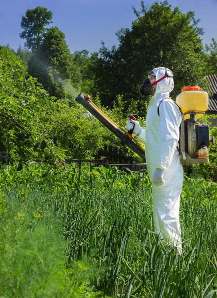 Agricultor país pulverização inseticida — Fotografia de Stock