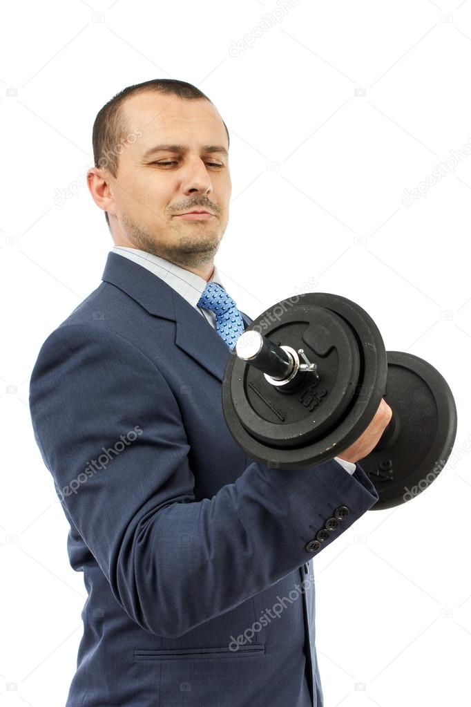 Strong business man with dumbbell