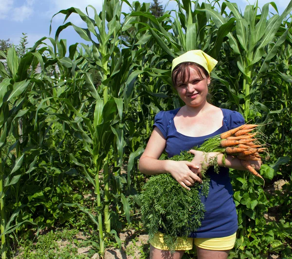 Jeune femme avec un bouquet de carottes — Photo