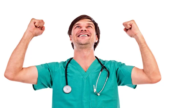 Closeup portrait of a young doctor showing victory gesture — Stock Photo, Image