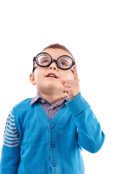 Adorable little boy with funny glasses looking up — Stock Photo, Image