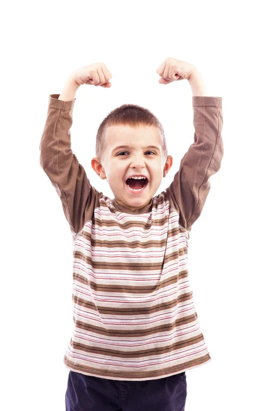 Portrait of an excited cute boy with arms up — Stock Photo, Image