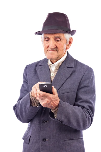 モービル電話を使用して老人の肖像画 — ストック写真