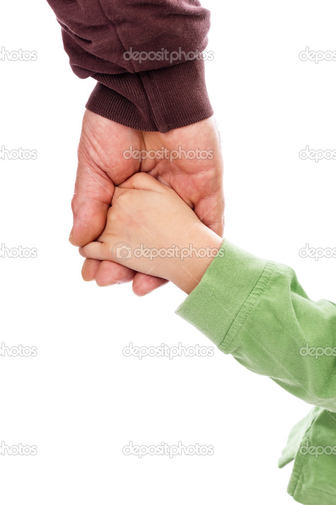 Closeup portrait of an adult hand holding a child's hand