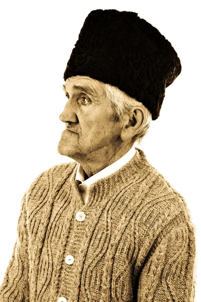 Detailní portrét starého muže rolnických vlněný klobouk — Stock fotografie