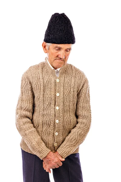 Portrait of a sad romanian peasant deep in thoughts — Stock Photo, Image