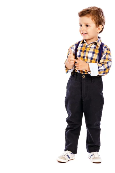 Full lenght portrait of an adorable little boy showing thumbs up — Stock Photo, Image