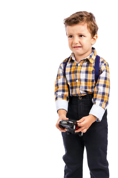 Adorable little boy crying against white backgound — Stock Photo, Image