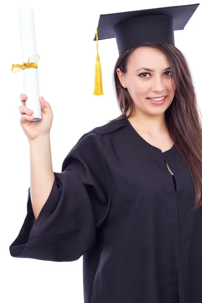 Gyönyörű nő diák, Ballagási ruha holding oklevél — Stock Fotó
