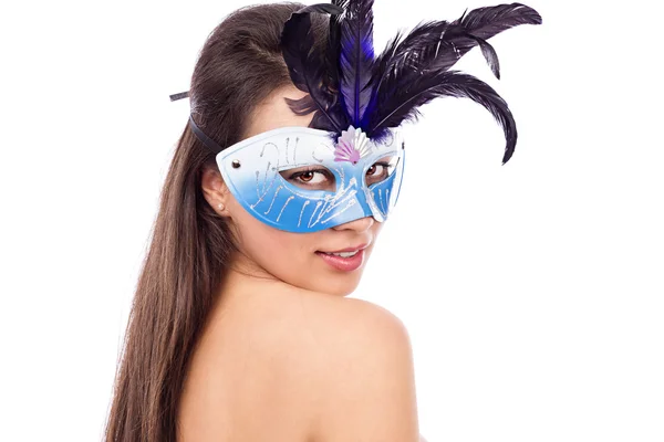 Close-up portrait of sexy brunette woman with carnival  mask — Stock Photo, Image