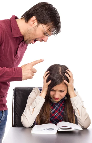 Portret van boos dreigend leraar bedreigend student — Stockfoto