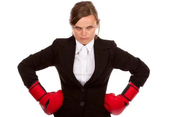 Joven mujer de negocios de pie con las manos en las caderas usando boxeo g —  Fotos de Stock