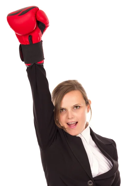 Succesvolle zakenvrouw vieren met één arm in de lucht wearin — Stockfoto