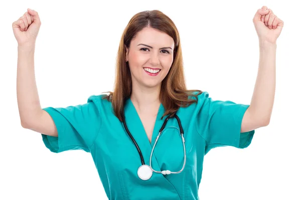 Jovem médica ou enfermeira feliz com os braços para cima — Fotografia de Stock