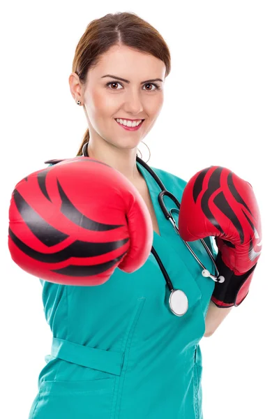 Kobieta lekarz z Rękawice bokserskie, wyzwanie pojęcie — Zdjęcie stockowe