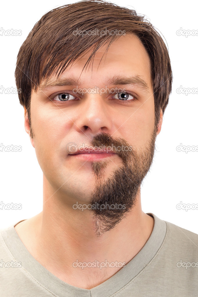 Young man with  beard on half of the face