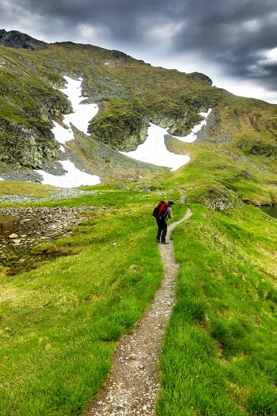 Junger Mann wandert in die Berge — Stockfoto