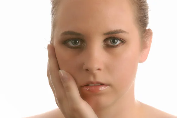 Hand on the cheek of a beautiful woman face — Stock Photo, Image